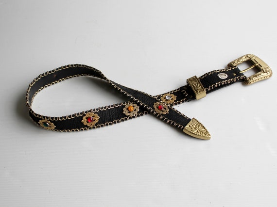 Vintage 80s Rare Jose Cotel Paris Black Jeweled Art Deco Leather Belt 1980 José Cotel embellished belt / José Cotel Paris… - Gem main image 2