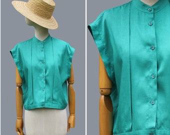 1980s Rodier  Paris green  blouse sleeveless / 80s french summer blouse