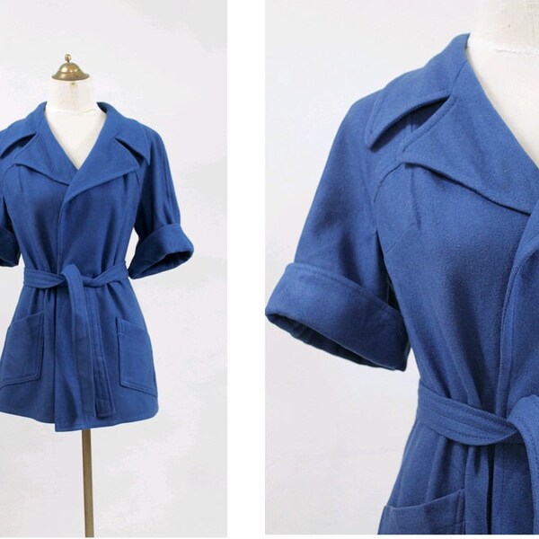 1970 Kimono blue wool belted short sleeves Weil Paris