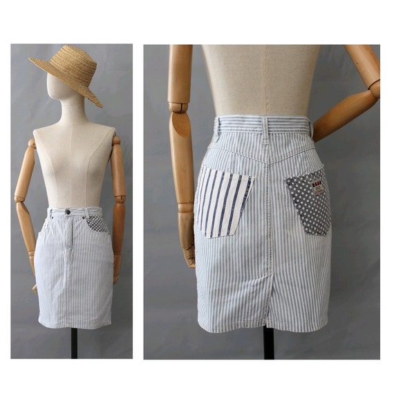 1990s Blondie stripes denim Skirt patchwork / 90s… - image 1