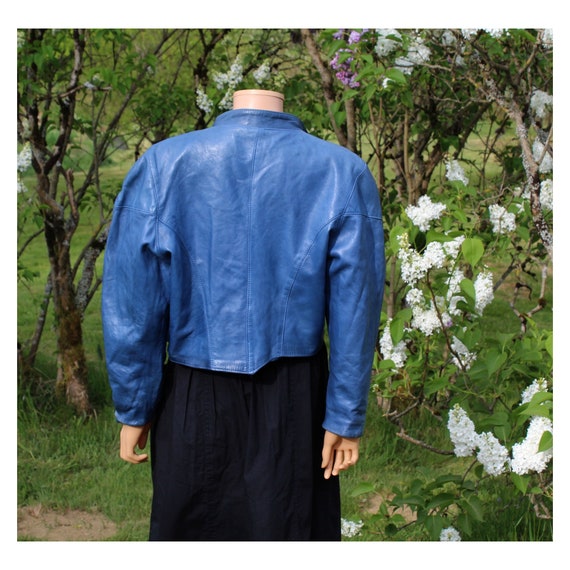 1980s French Leather Crop Jacket , Slate Blue , Bat Sleeves