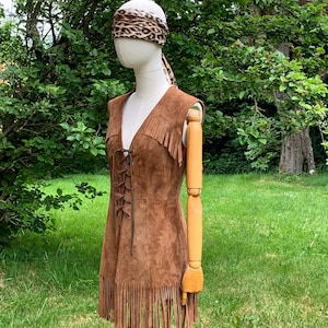 1970s brown suede leather dress fringed / 70s hippie dress