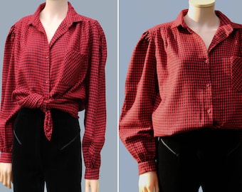80s  wool Blouse check red  black  , puffed sleeves / Vintage 80s winter blouse