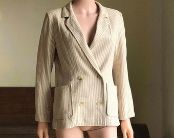 1970s beige Silk noil striped women Blazer / vintage Silk noil jacket /double breasted silk noil blazer FR38