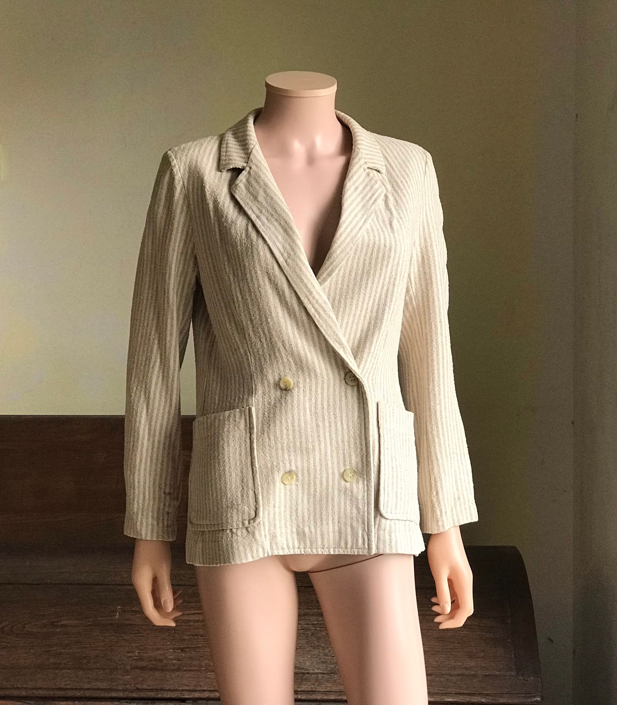 s Beige Silk Noil Striped Women Blazer / Vintage Silk Noil