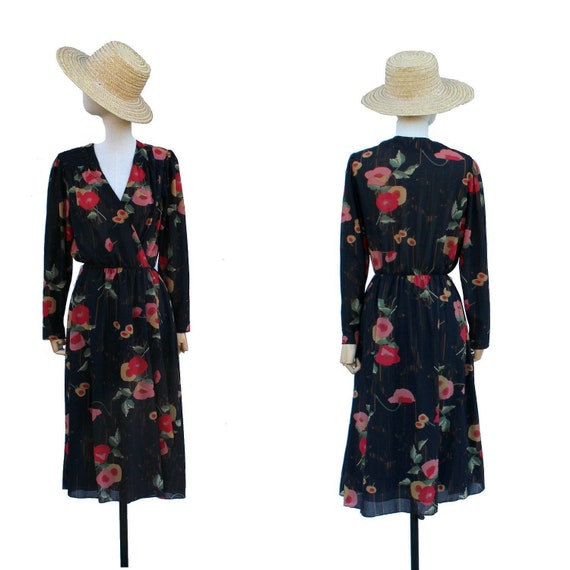 1970s floral wrap dress / 70s long sleeves wrap mi