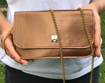 1970s mini sac cuir métallique H chaine dorée / H purse