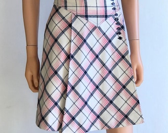 1960s short wrap skirt ,check pattern , pink and blue wool / Sixties Mod skirt