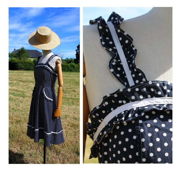 1970s polka dots navy sun dress / 70s summer cotto