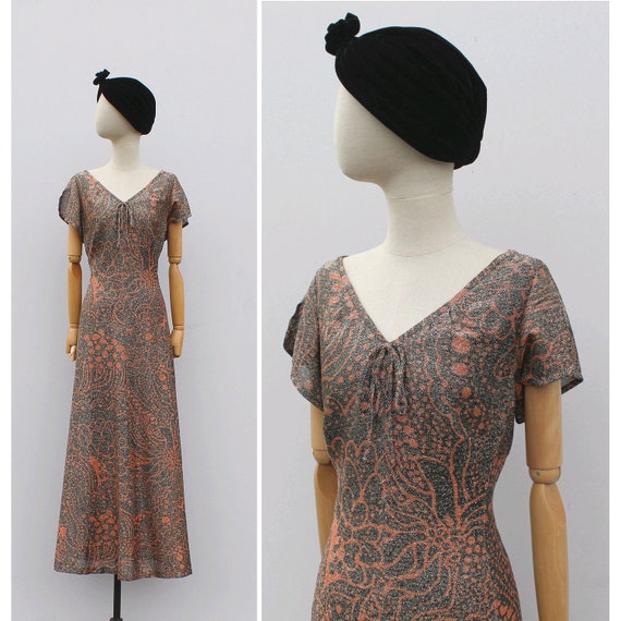 1970s lurex long dress / 70s maxi gold lurex flor