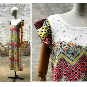 1970s Michel Pelta Paris long floral dress yellow red blue / 70s vintage summer maxi dress