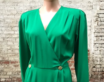 1980s green wrap formal dress / Amandine Paris / vintage classy wrapped dress