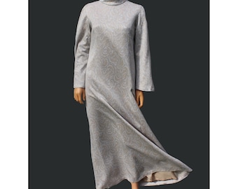 1970s maxi Kaftan Dress silver lurex brocade , long bell sleeves / 1970s silver long dress