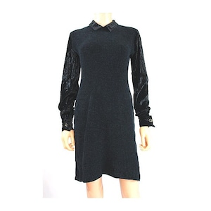 90s Chantal Thomass black dress / Vintage long sleeves midi black velvet dress