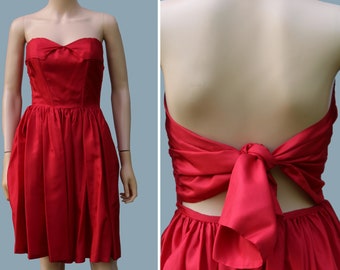 1980s Canelle Paris naked back strapless Dress , dark red  acetate, Small / Vintage 80s black bustier Dress / Corset Dress