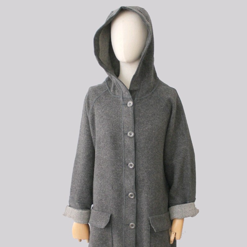 1980s oversized grey wool long hooded Coat Naf Naf / vintage | Etsy