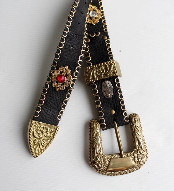 Vintage 80s Rare Jose Cotel Paris Black Jeweled Art Deco Leather Belt 1980 José Cotel embellished belt / José Cotel Paris… - Gem main image 4