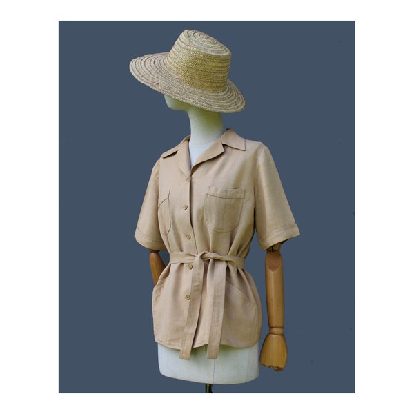 1970s Saharienne belted blouse Gaston Jaunet Paris / vintage saharienne belted blouse / beige rayon and silk blouse