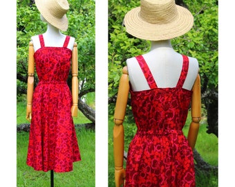 1980s  straps summer dress / 80s back buttoned sun dress / pink orange cotton dress