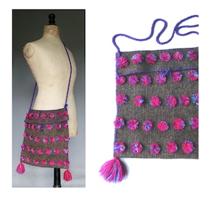 Pompom wool tote bag / 1970 ethnic bag / purple wool tote
