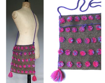 Pompom wool tote bag / 1970 ethnic bag / purple wool tote