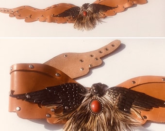 Eagle buckle belt José Cotel wings shape / 1980 Paris embellished belt / eagle bird  belt natural tan leather belt ,feathers and stone