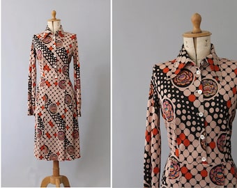 1970s printed Dress long sleeves midi  small / 70s winter dress/  Vintage printed Dress