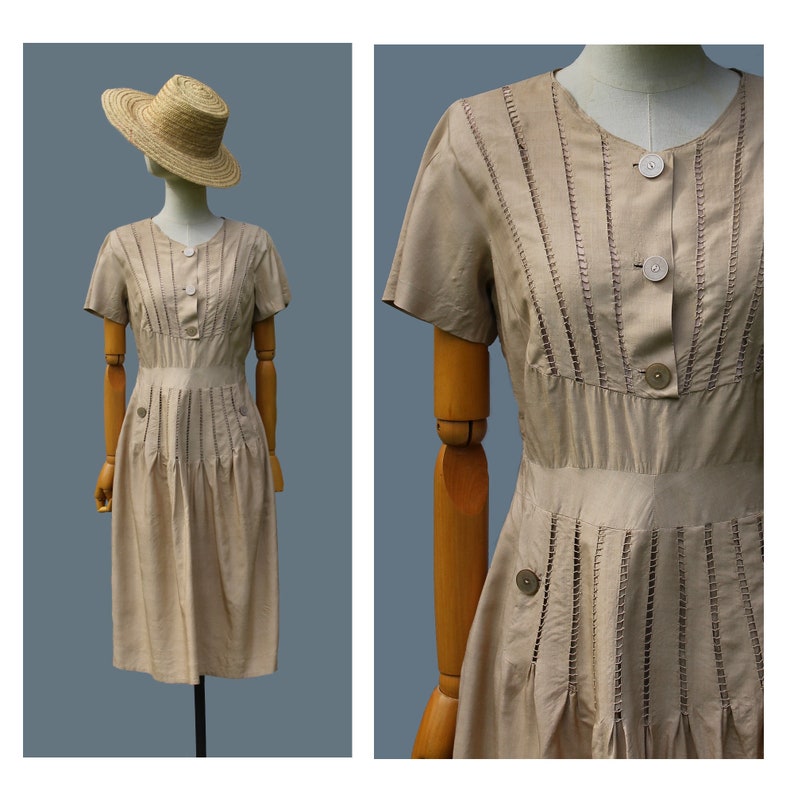 1940s silk dress / midi /beige/ hand tailored in France /embroidered silk dress image 1