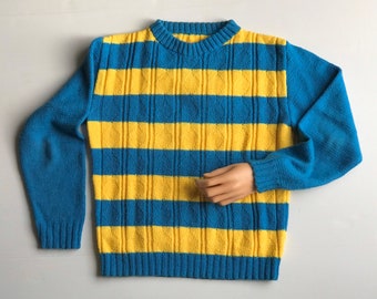 Vintage 70s wool sweater / yellow and blue striped sweater/ Hand knitted sweater