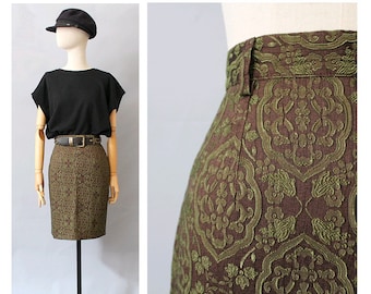 1990 pencil skirt brocade  / Leone / brocade pencil skirt/ baroque bronze skirt