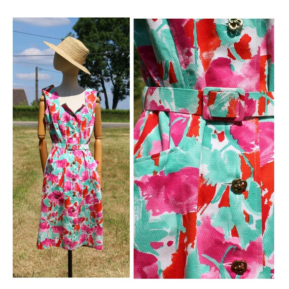 1980 cotton floral sleeveless dress / 80s french c