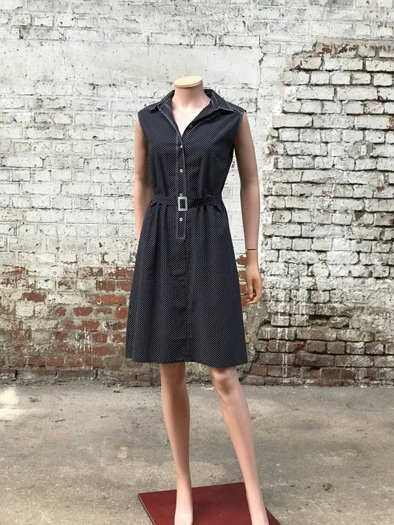 1970s Navy Polka Dots Cotton Midi Dress Vintage Sleeveless Summer Trapeze Dress Etsy