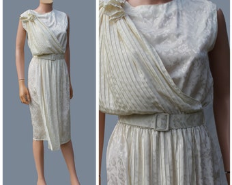 1970s beige pleated midi Dress / vintage ivory draped  dress