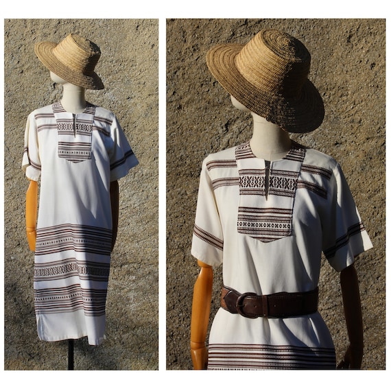 1970s embroidered Kaftan dress / off white and bro