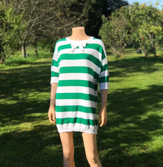 1980s green striped long sweater or mini dress , Lasserre Paris , made in Italy , size medium 1980s green striped long sweater or mini dress , Lasserre Paris , made in Italy , size medium