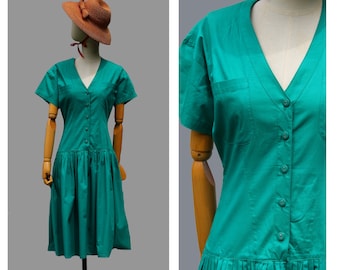 1990s Jean Claude Paris  emerald green cotton Dress / Vintage green  summer Dress / FR34 36 SMALL