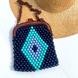1960s Italian beaded blue purse / lucite frame and chain purse