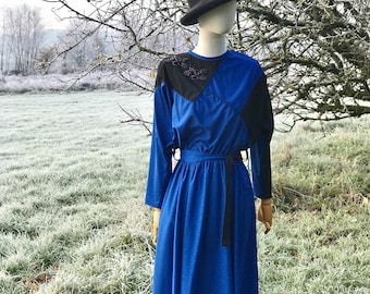 1980s blue and black midi dress / bat sleeves midi dress