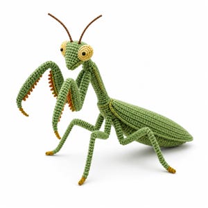 May include: A crocheted praying mantis figurine crafted from light green yarn. The insect features large, pale yellow eyes with black pupils, two thin brown antennae, and articulated front raptorial legs with orange-toned inner spikes.