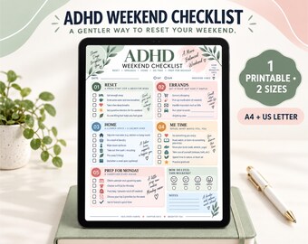 ADHD週末チェックリスト（印刷可能）、週末リセットプランナー、大人向けオーガナイザー、セルフケアと月曜日の準備、A4およびレターサイズPDF