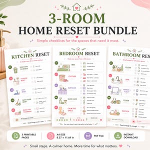 Könnte beinhalten: Ein 3-Zimmer-Haushalts-Reset-Paket mit drei druckbaren Checklisten für Küche, Schlafzimmer und Badezimmer. Jede Seite enthält nummerierte Aufgaben mit Symbolen und Kästchen zum Abhaken. Format A4, 21,0 x 29,7 cm, PDF-Datei.