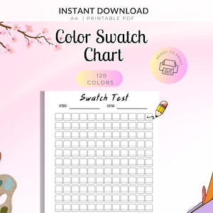 Puede incluir: Una tabla de muestras de color imprimible en formato A4 con 120 cuadrados en blanco para probar colores. El documento incluye encabezados para marca y serie, una ilustración de lápiz y elementos decorativos como cerezos, una paleta y un estuche.