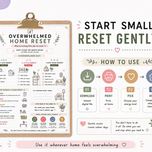 K&ouml;nnte beinhalten: Ein Klemmbrett mit einer Overwhelmed Home Reset-Checkliste, die Abschnitte f&uuml;r Energieniveaus, Reinigungsschritte und eine Anleitung enth&auml;lt. Das Dokument zeigt Text, Symbole und Anweisungen zur Bew&auml;ltigung von Haushaltsaufgaben in kleinen Schritten.