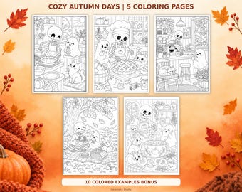 Cozy Autumn Coloring Pages Bundle: 5 Printable Designs with Skeletons, Ghosts & Cats