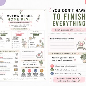 K&ouml;nnte beinhalten: Eine druckbare Checkliste mit dem Titel Overwhelmed Home Reset mit Abschnitten f&uuml;r Aufgaben bei geringer Energie, Reinigungspriorit&auml;ten und Haltepunkten. Das Dokument enth&auml;lt Pastellakzente, Strichzeichnungen und ermutigenden Text wie You don't have to finish everything.