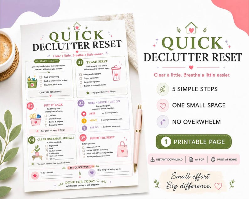May include: A printable Quick Declutter Reset checklist featuring five steps, checkboxes, and icons. The document includes sections for trash, putting items back, keeping or moving objects, clearing surfaces, and finishing the reset, with a pink pen nearby.