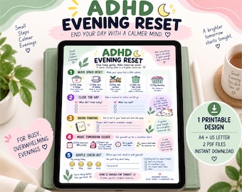 ADHD 夜間リセットチェックリスト、ADHD ルーティン印刷可能、夜間ルーティンプランナー、ブレインダンプ、デイリーリセット、実行機能、A4 US レターサイズ