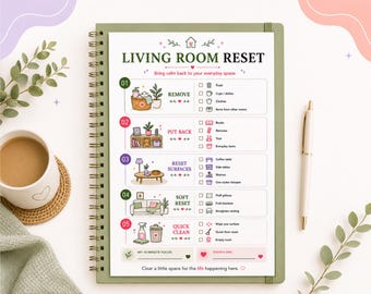 リビングルームのリセット用印刷可能シート、10分でできる掃除チェックリスト、素早く片付けと整理整頓、A4 PDF即時ダウンロード