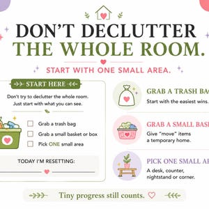 May include: An instructional infographic titled DON'T DECLUTTER THE WHOLE ROOM. START WITH ONE SMALL AREA. It features a checklist with icons for a trash bag, a small basket, and a small area, plus a section labeled TODAY I'M RESETTING with a blank line.
