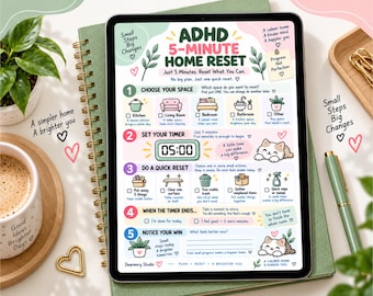 ADHD 5分でできるホームリセットチェックリスト、ADHD 掃除用プリント、クイック掃除ルーチン、ホームオーガナイゼーションプランナー、即時ダウンロード